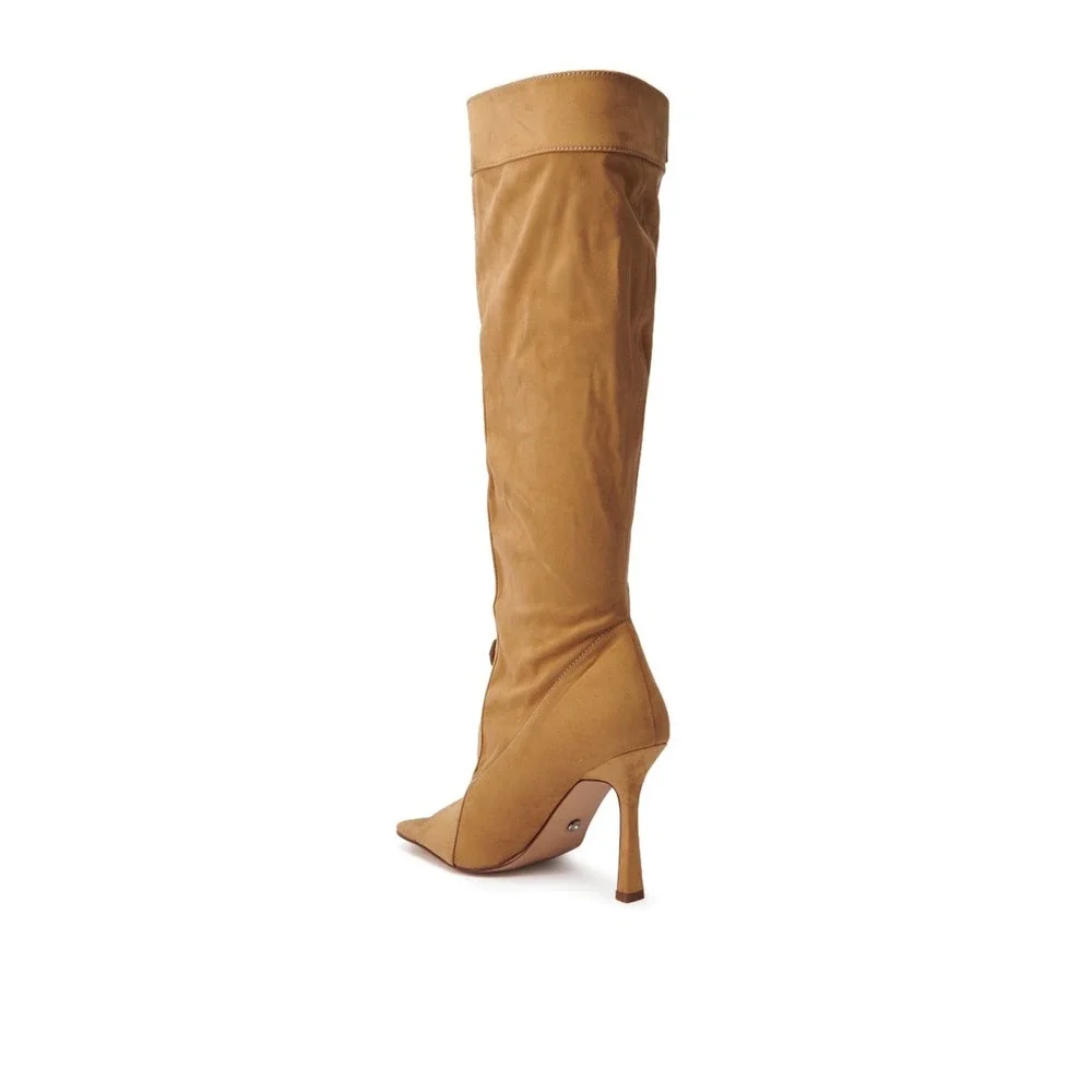Azalea Wang Tan Kazuki Mid Calf High Boots Button Detail Open Toe Statement Heel